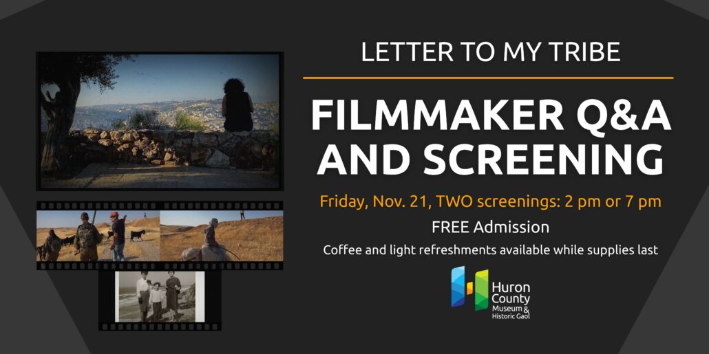 Black banner. White text on right "Filmmaker Q & A and Film Screening." On left, composite images of Palestine / Israel.