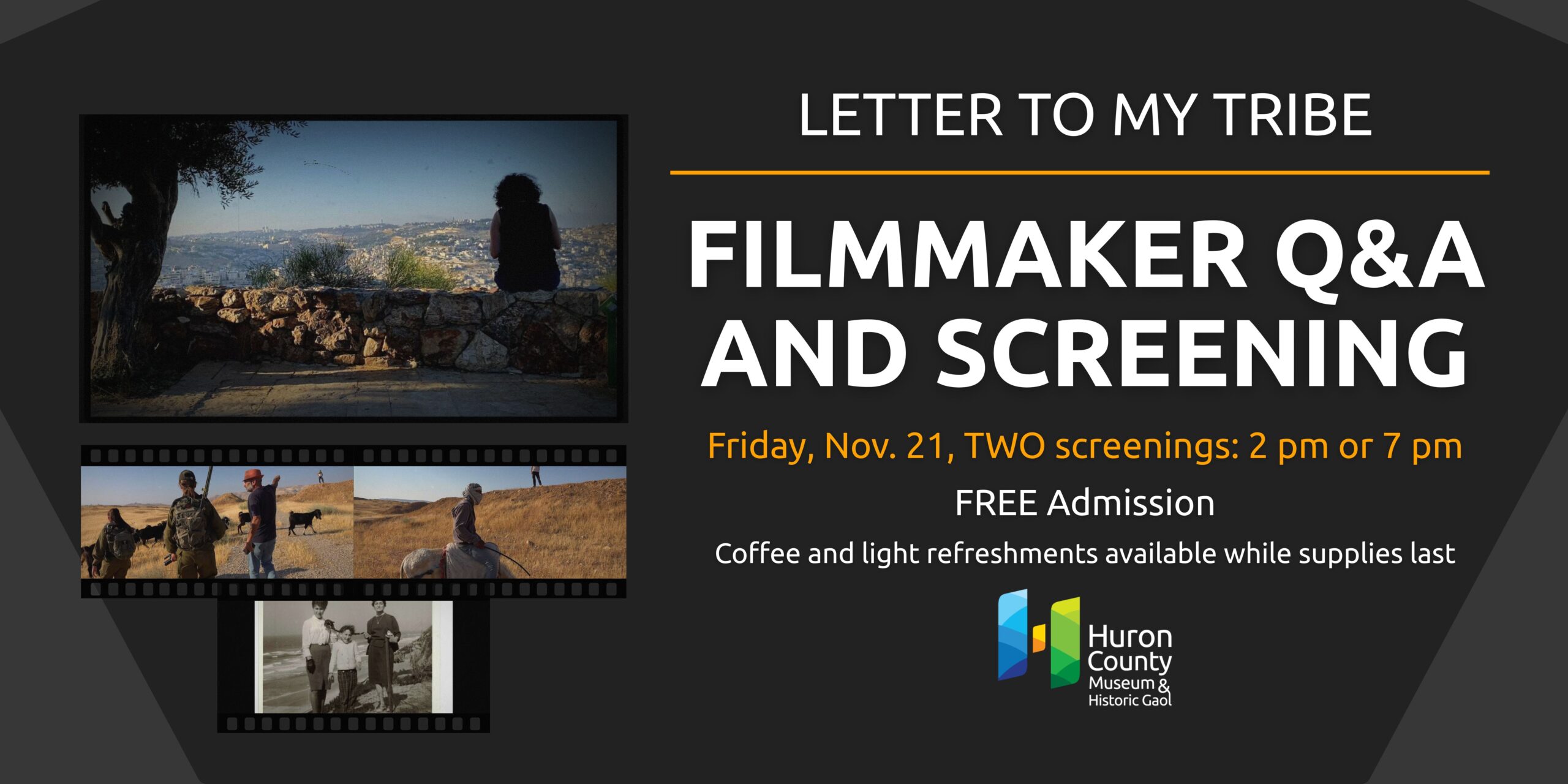 Black banner. White text on right "Filmmaker Q & A and Film Screening." On left, composite images of Palestine / Israel.