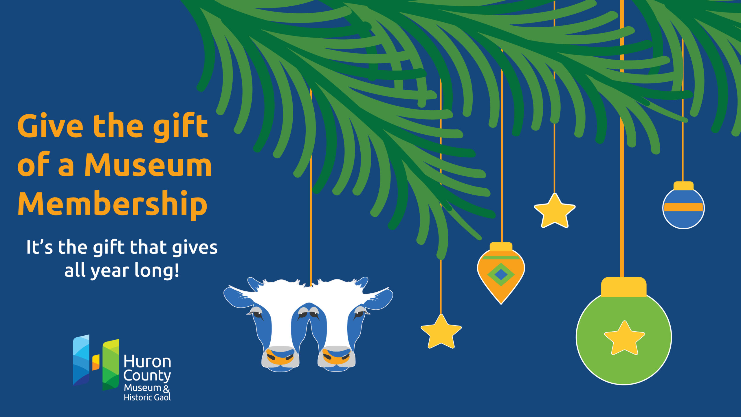 Illustration of evergreen branches with ornaments hanging down. Text promoted gifting a museum membership this holiday season.
