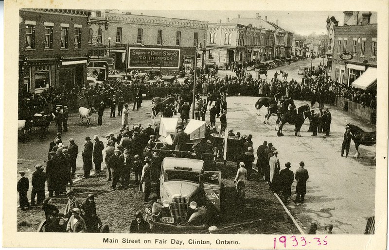 Historic postcard of businesses on the Square in Goderich