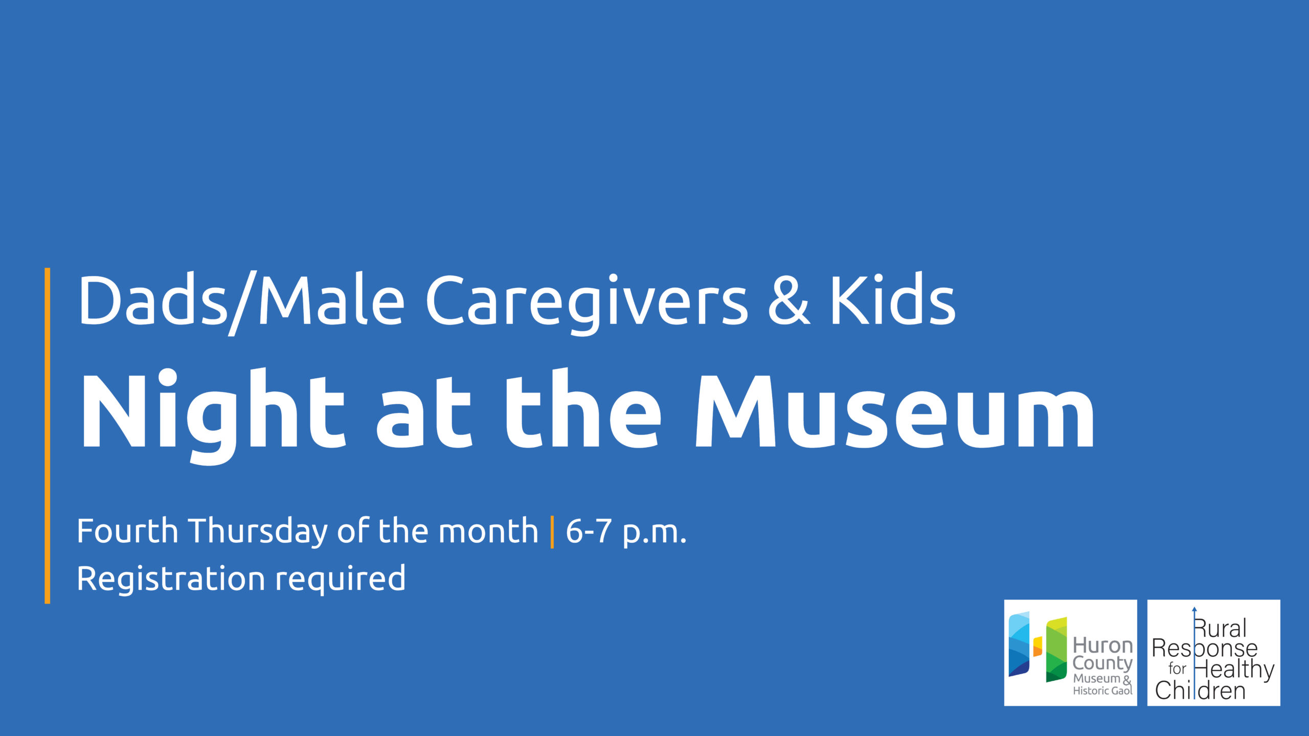 White text on blue background promoting Dads & Kids Night at the Museum