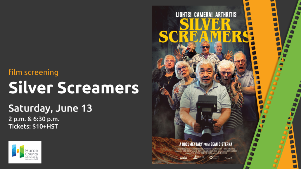 Orange and green film strips with movie poster of the film Silver Screamers. Text promotes screening at the Museum