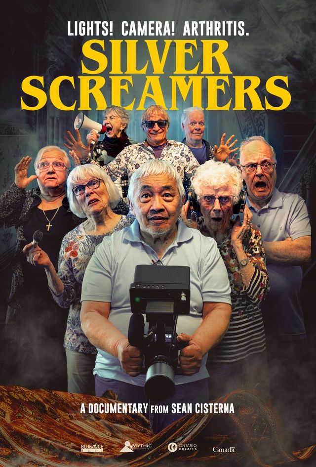 Poster image with yellow text at top: Silver Screamers. Image below of a group of senior citizens with expressions of comical fear on their faces, the man in the centre holding a camera.