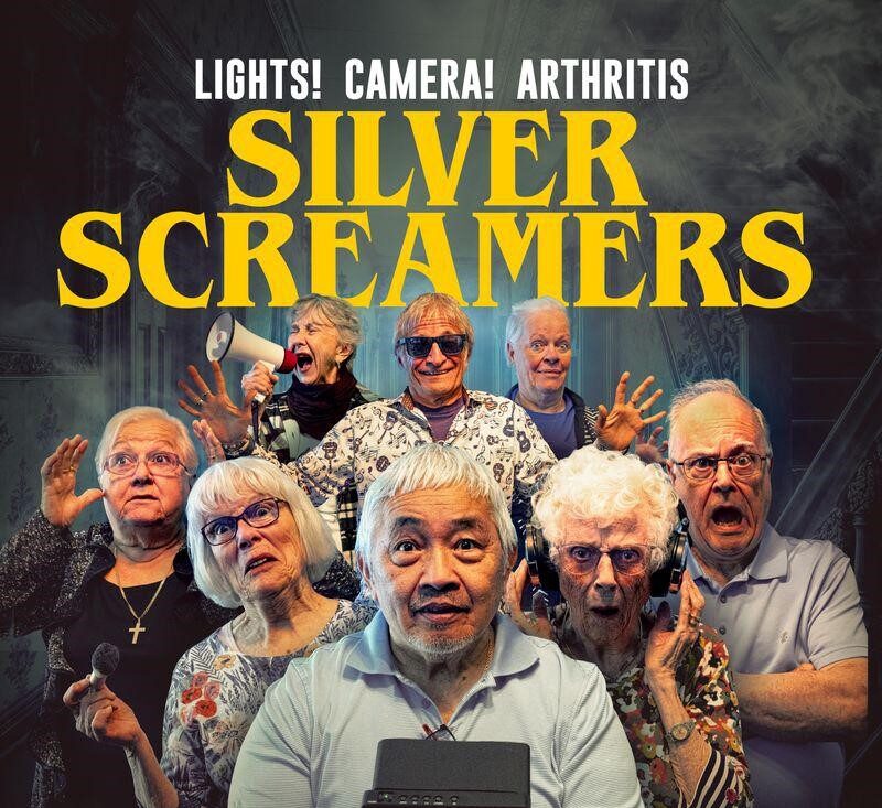 Poster image with yellow text at top: Silver Screamers. Image below of a group of senior citizens, the man in the centre holding a camera.