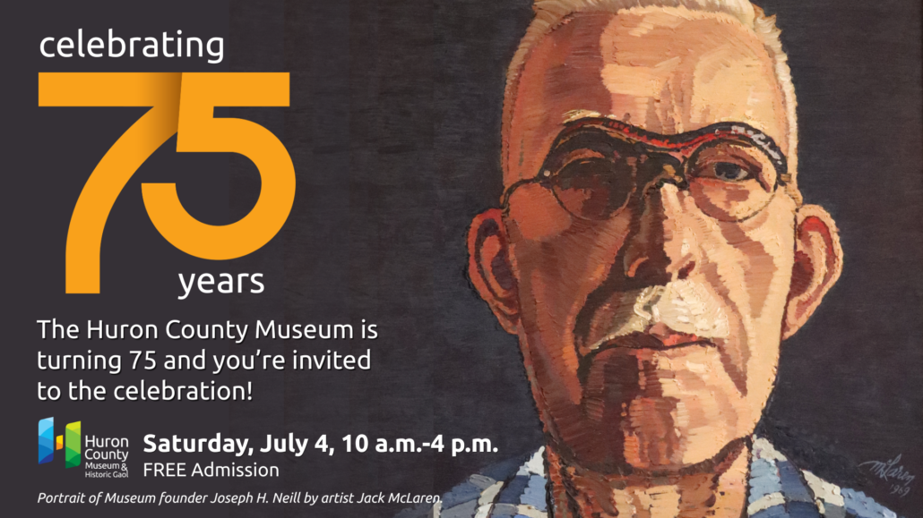 Portrait of Museum founder Joseph H. Neill painted by artist Jack McLaren. Text over a black background shares details about the 75th anniversary celebrations