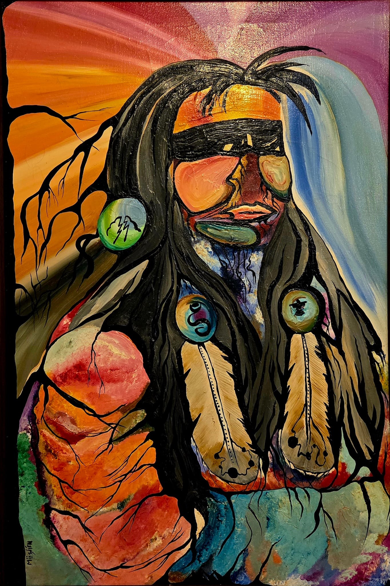 Painting of Indigenous man with black hair, and coloured feathers in hair.