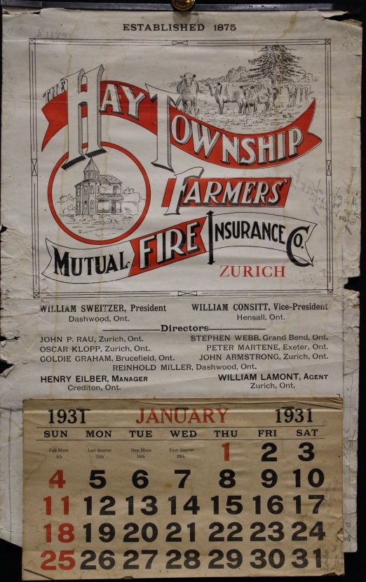 Wall Calendar for January, 1931. Top part says Hay Township Farmers Mutual Fire Insurance, Zurich