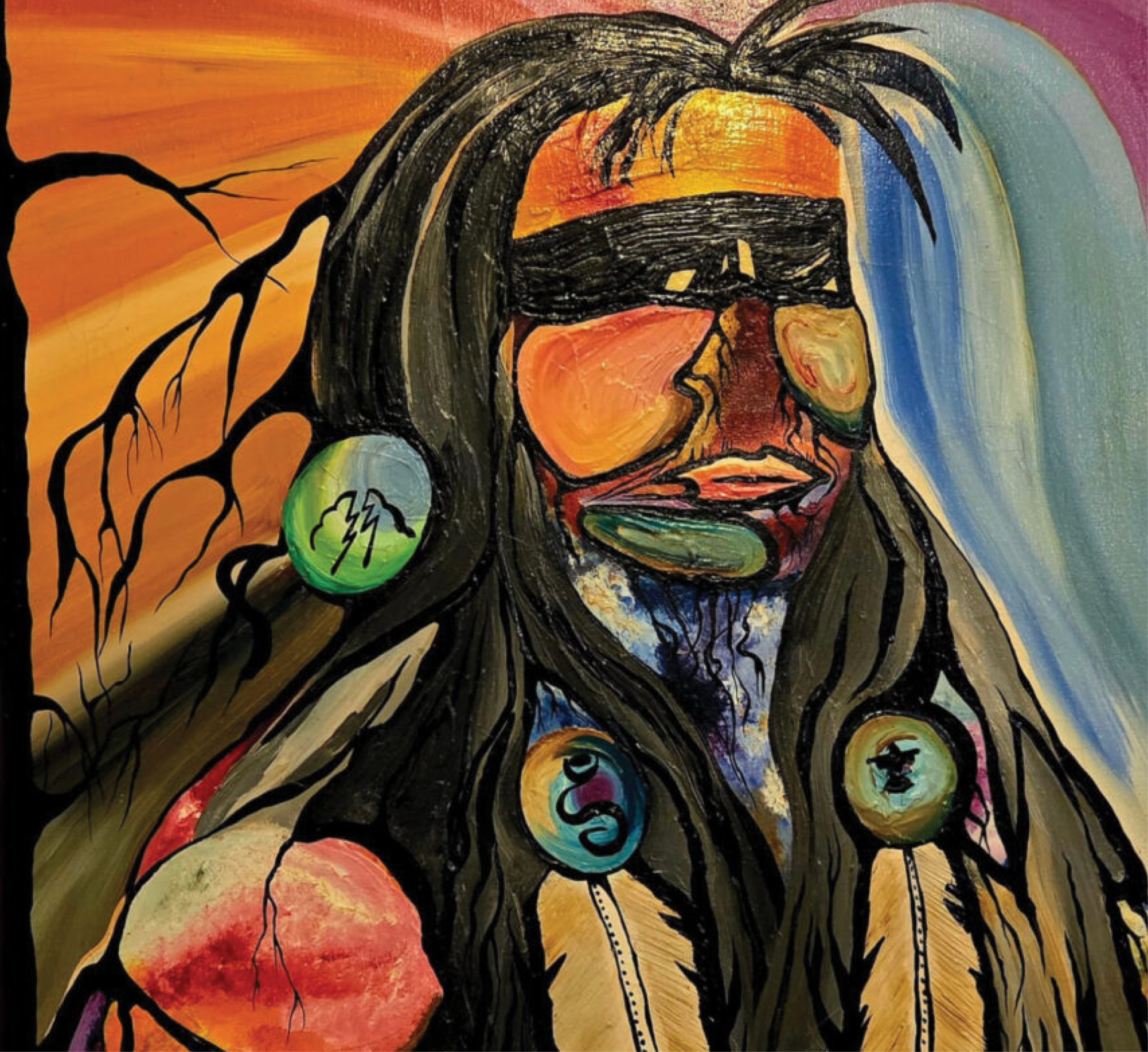 Painting of a dark-haired person with feathers hanging down. Orange and blue background.